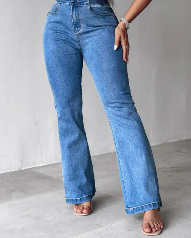 Back Shirred Button Front High Waist Jeans Skinny Flared Denim Jeggings