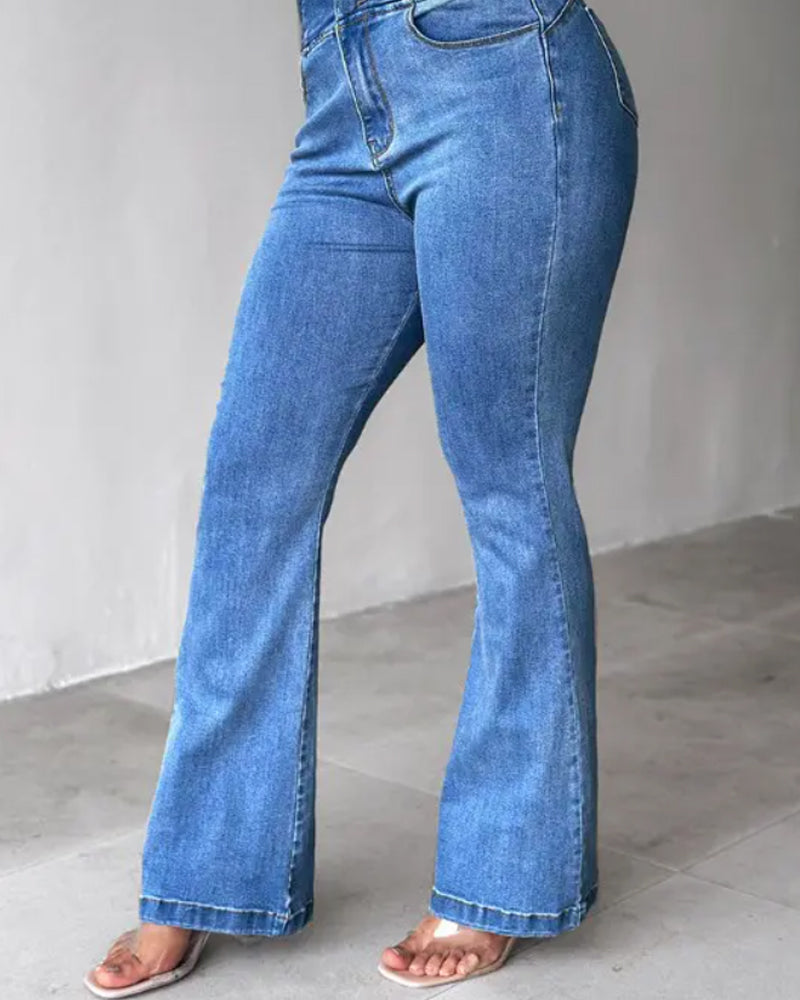 Back Shirred Button Front High Waist Jeans Skinny Flared Denim Jeggings