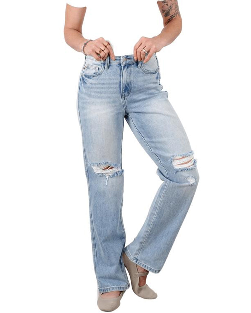 High Rise Light Wash Distressed 90's Straight Leg Jeans