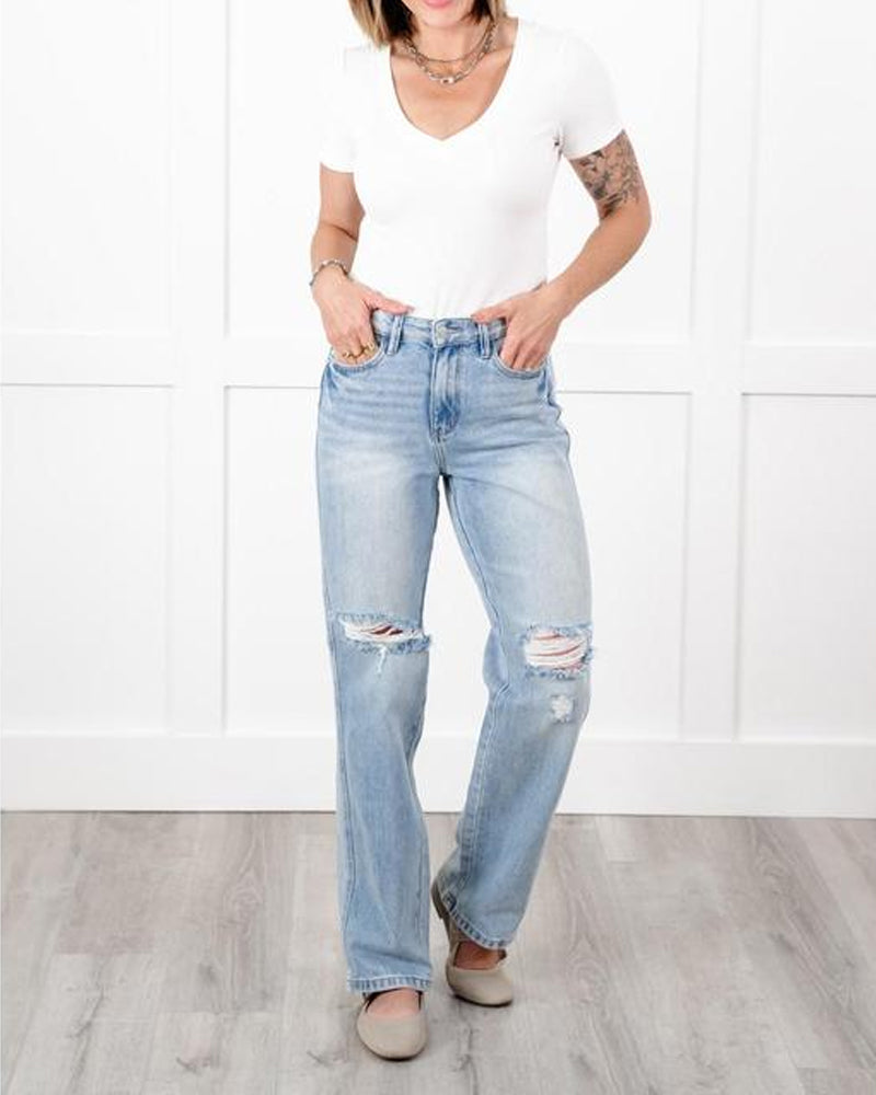 High Rise Light Wash Distressed 90's Straight Leg Jeans