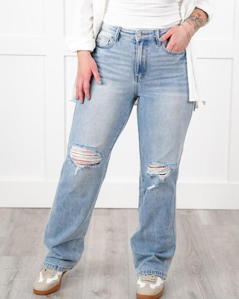 High Rise Light Wash Distressed 90's Straight Leg Jeans