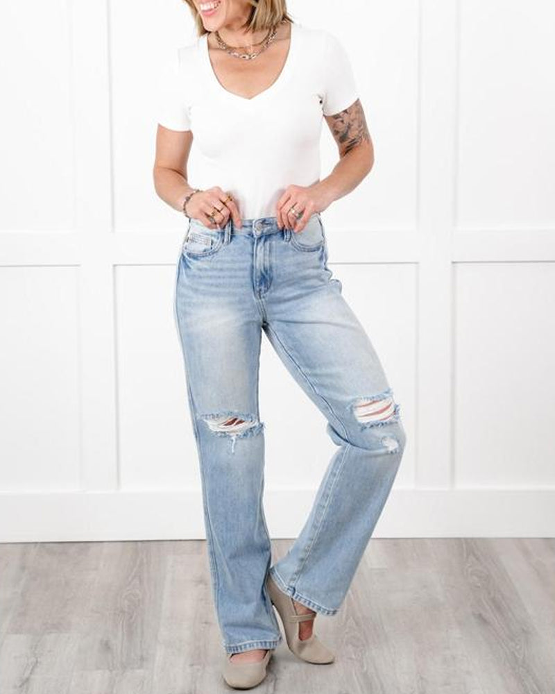 High Rise Light Wash Distressed 90's Straight Leg Jeans