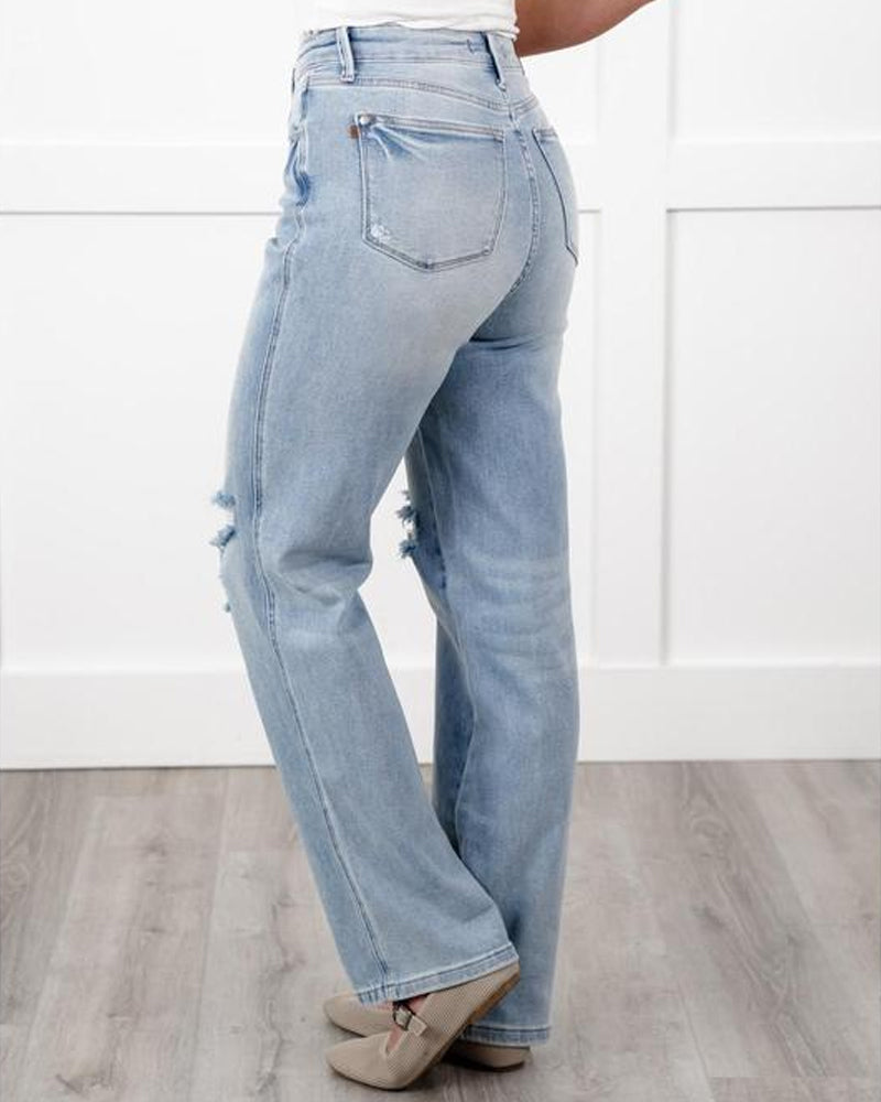 High Rise Light Wash Distressed 90's Straight Leg Jeans