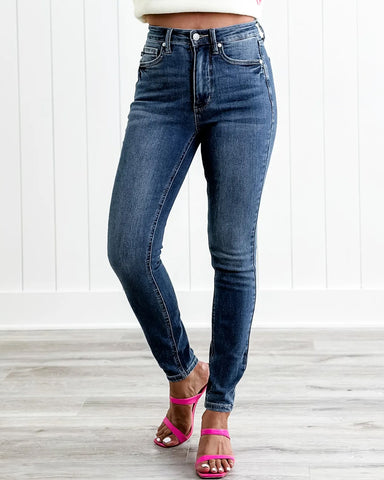 High Rise Medium Wash Tummy Control Classic Skinny Jean