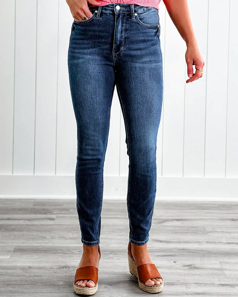 High Rise Medium Wash Tummy Control Classic Skinny Jean