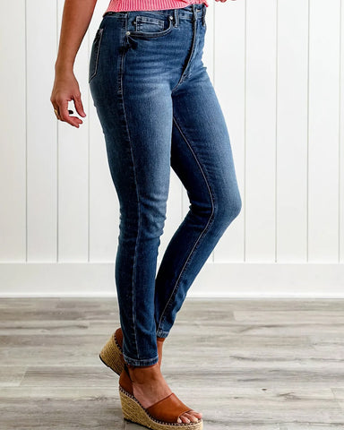 High Rise Medium Wash Tummy Control Classic Skinny Jean