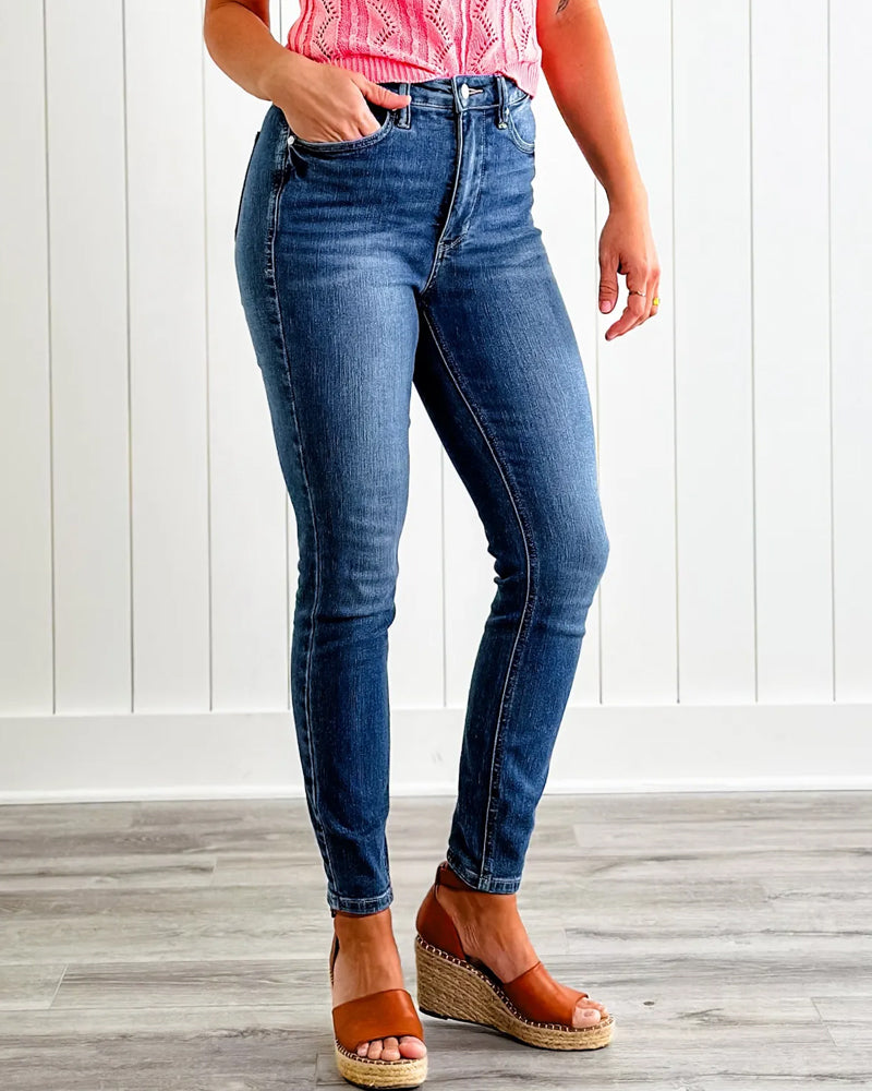 High Rise Medium Wash Tummy Control Classic Skinny Jean