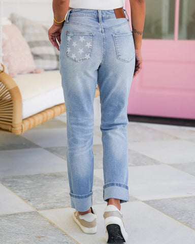 Light Wash Star Pocket Americana Cuffed Boyfriend Jeans