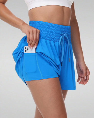 Women's 2 In 1 Pocket Drawstring Athletic High Waisted Sports Shorts Skirt