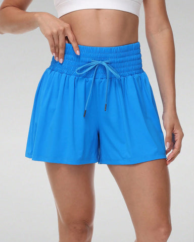 Women's 2 In 1 Pocket Drawstring Athletic High Waisted Sports Shorts Skirt