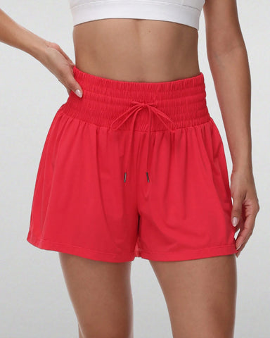 Women's 2 In 1 Pocket Drawstring Athletic High Waisted Sports Shorts Skirt