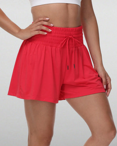 Women's 2 In 1 Pocket Drawstring Athletic High Waisted Sports Shorts Skirt