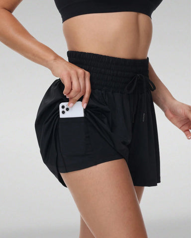 Women's 2 In 1 Pocket Drawstring Athletic High Waisted Sports Shorts Skirt