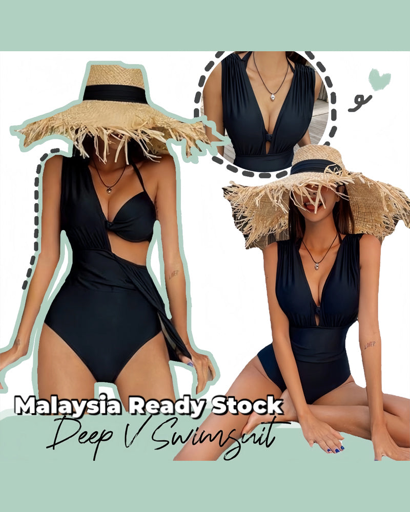 Deep Plunge Ruched Swimsuit with Halter Bra Two-Piece Set