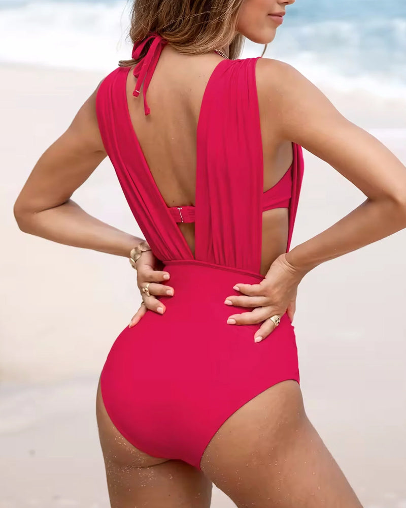 Deep Plunge Ruched Swimsuit with Halter Bra Two-Piece Set