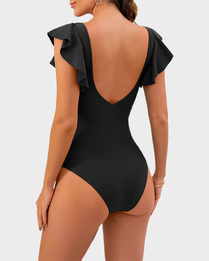 Ruffle Sleeve Cross Front Cutout Swimsuit