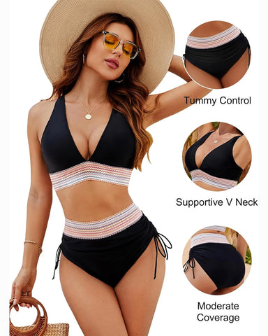 Conjuntos de bikini con bloques de color y control de barriga de talle alto