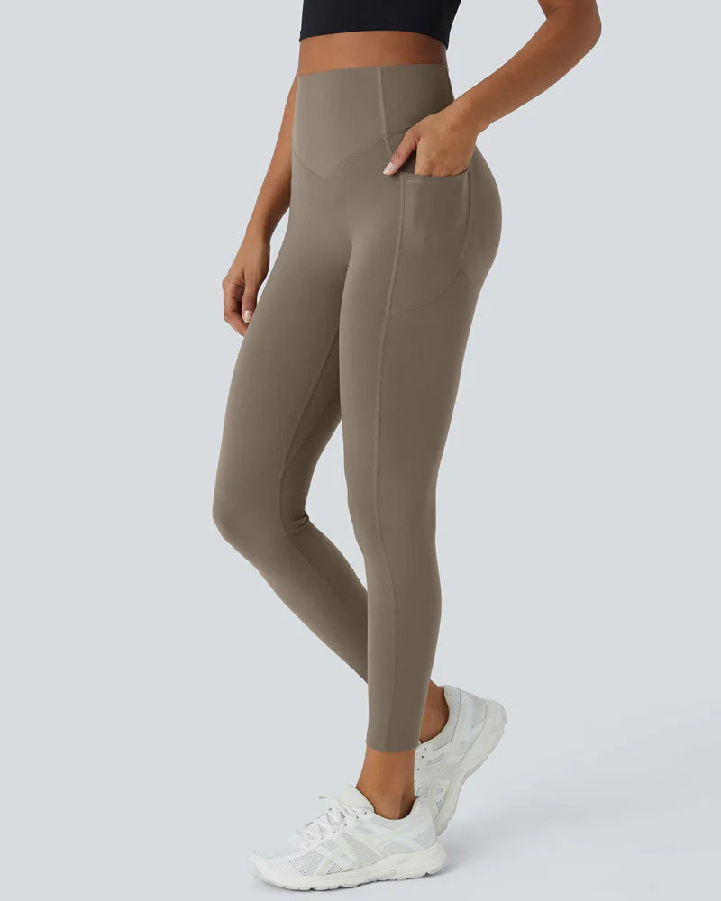 High Waisted Butt Lifting Tummy Control Side Pocket Shaping Training Linen Nude Leggings
