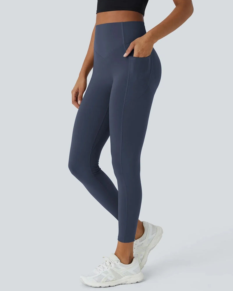 High Waisted Butt Lifting Tummy Control Side Pocket Shaping Training Navy Blue Leggings