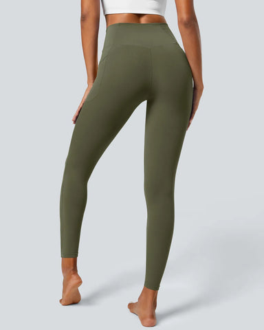 Crossover Butt Lifting Tummy Control Side Pocket Plain Shaping Training Leggings