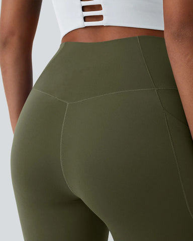 Crossover Butt Lifting Tummy Control Side Pocket Plain Shaping Training Leggings