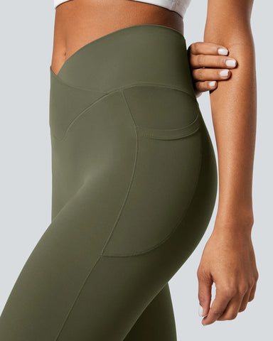 Crossover Butt Lifting Tummy Control Side Pocket Plain Shaping Training Leggings