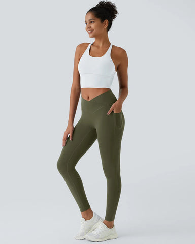 Crossover Butt Lifting Tummy Control Side Pocket Plain Shaping Training Leggings