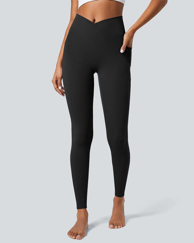 Crossover Butt Lifting Tummy Control Side Pocket Plain Shaping Training Leggings