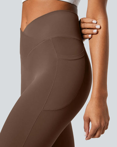 Crossover Butt Lifting Tummy Control Side Pocket Plain Shaping Training Leggings