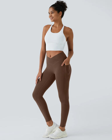 Crossover Butt Lifting Tummy Control Side Pocket Plain Shaping Training Leggings