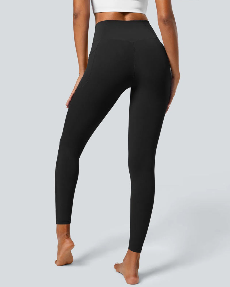 Crossover Butt Lifting Tummy Control Side Pocket Plain Shaping Training Leggings