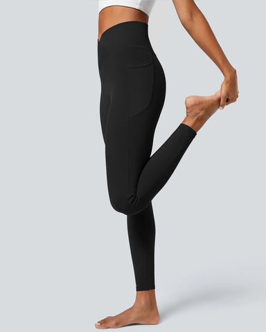 Crossover Butt Lifting Tummy Control Side Pocket Plain Shaping Training Leggings