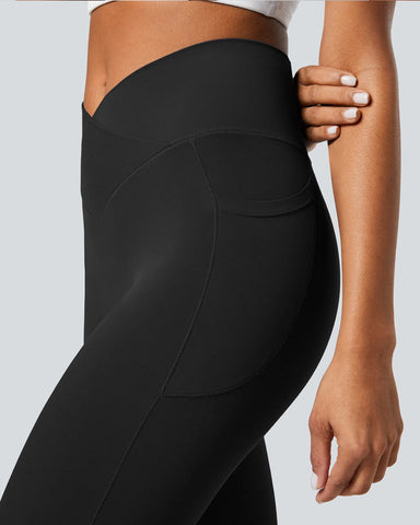 Crossover Butt Lifting Tummy Control Side Pocket Plain Shaping Training Leggings