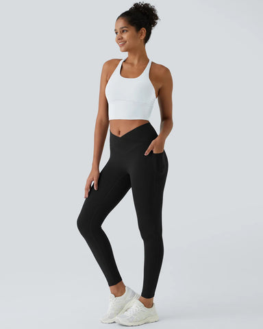 Crossover Butt Lifting Tummy Control Side Pocket Plain Shaping Training Leggings