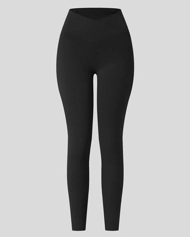 Crossover Butt Lifting Tummy Control Side Pocket Plain Shaping Training Leggings