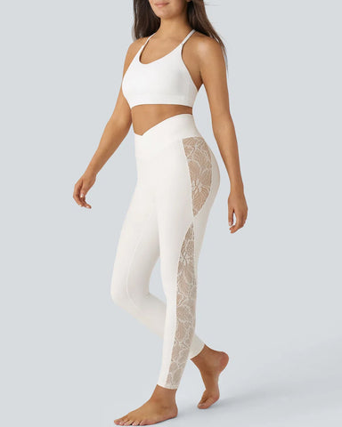 Stylish High Waisted Crossover Contrast Lace Panel Yoga Leggings