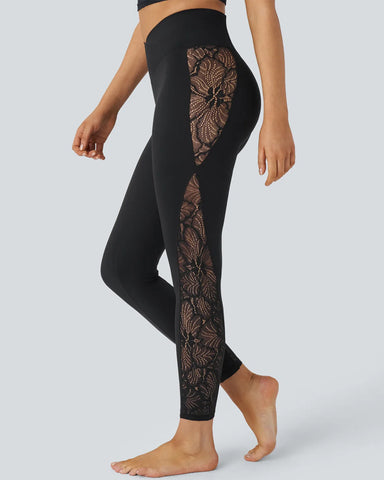 Stylish High Waisted Crossover Contrast Lace Panel Yoga Leggings