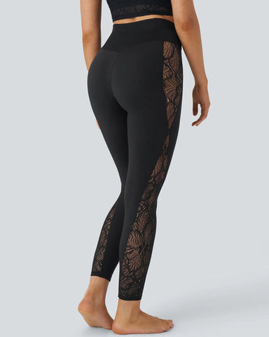 Stylish High Waisted Crossover Contrast Lace Panel Yoga Leggings