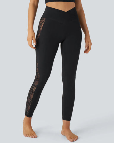 Stylish High Waisted Crossover Contrast Lace Panel Yoga Leggings