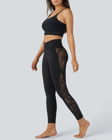 Stylish High Waisted Crossover Contrast Lace Panel Yoga Leggings