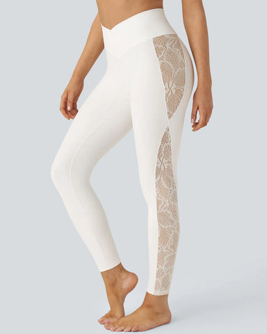 Stylish High Waisted Crossover Contrast Lace Panel Yoga Leggings