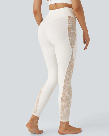 Stylish High Waisted Crossover Contrast Lace Panel Yoga Leggings