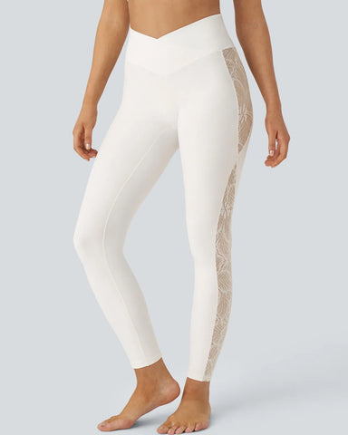 Stylish High Waisted Crossover Contrast Lace Panel Yoga Leggings