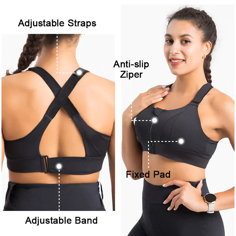 Sports Bra High Impact Zip Front Adjustable Straps Strappy Without  Underwire Padded (Color : Black, Size : 40C)