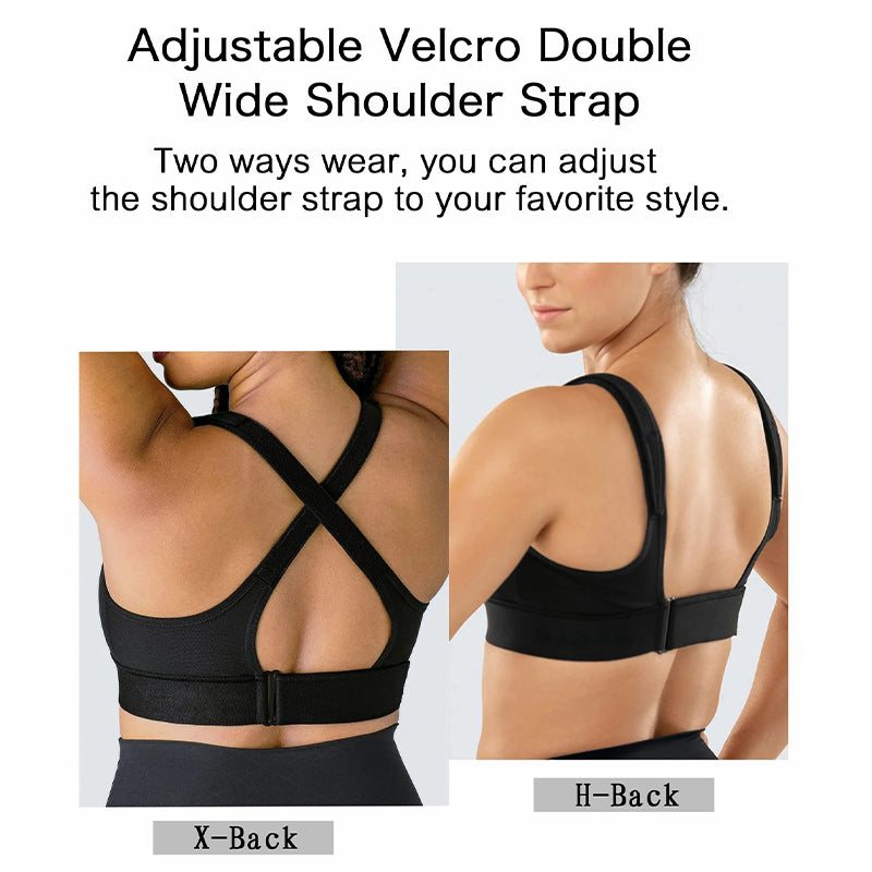Zipper in Front Sports Bra High Impact Strappy Back Support - Running Gather  Yoga Training Shockproof Plus Size Wide Shoulder Strap Bra S-5XL 